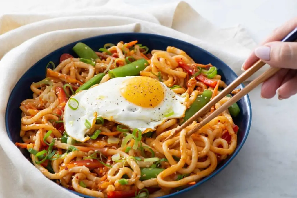 Kimchi Udon Stir-Fry with Fried Eggs