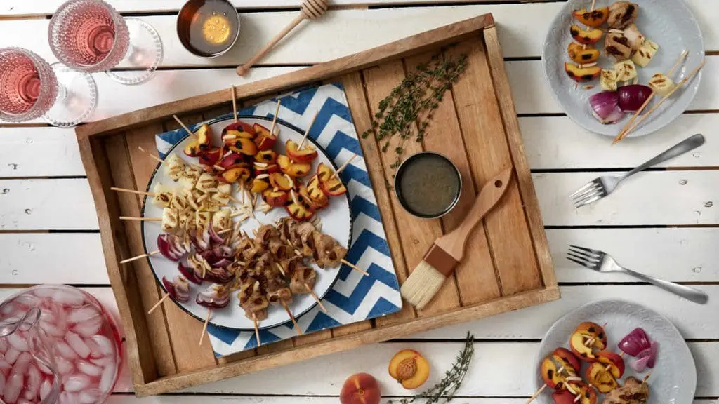 Honey, Thyme Chicken, Halloumi Cheese and Peach Kabobs
