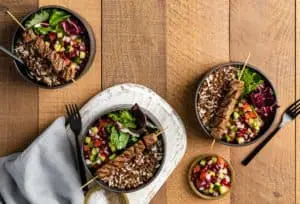 Skewered Beef Lentil Rice Bowl