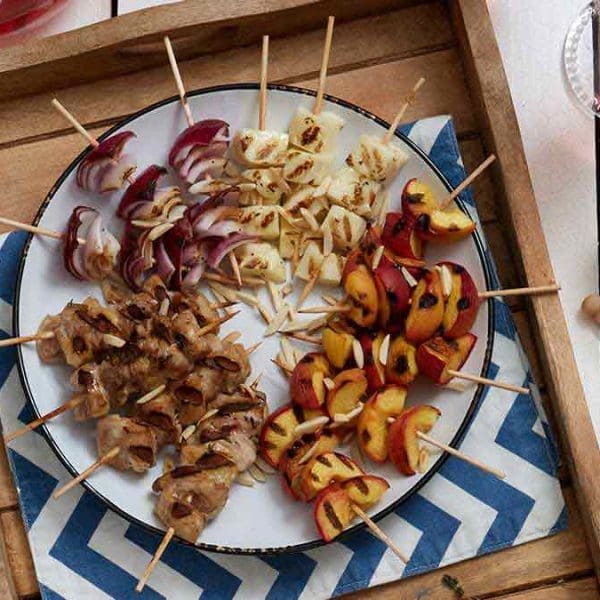 Honey, Thyme Chicken, Halloumi Cheese and Peach Kabobs Canadian Food