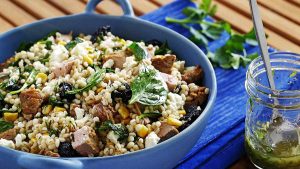barley-salad-with-dried-cherries-feta-grilled-pork-sauteed-spinach