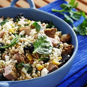 barley-salad-with-dried-cherries-feta-grilled-pork-sauteed-spinach